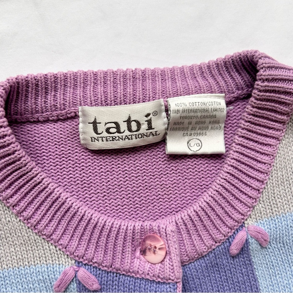 Vintage 90s Tabi Geometric Floral Knit Cardigan Pastel Blue Purple Large - Picture 3 of 4